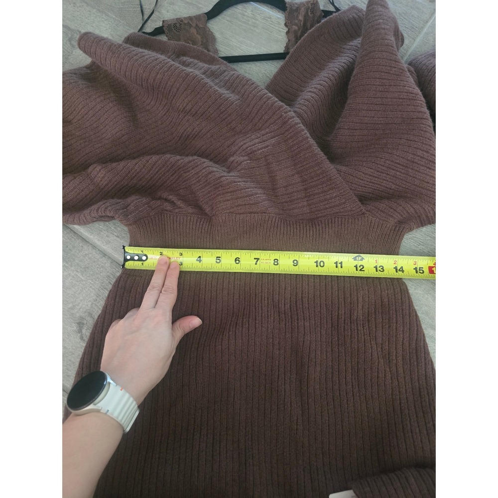 Cider Brown Ribbed Knit Surplice Wrap Midi Sweater Dress Lace Trim 0XL NEW - Picture 7 of 8